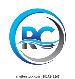 initial letter logo RC company name blue and grey color on circle and swoosh design. vector logotype for business and company identity.