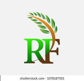 initial letter logo RF, Agriculture wheat Logo Template vector icon design colored green and brown.