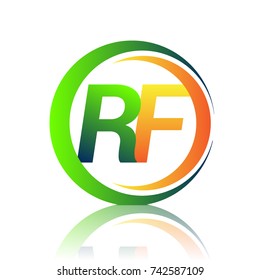 initial letter logo RF company name green and orange color on circle and swoosh design. vector logotype for business and company identity.