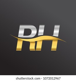 initial letter logo RH company name gold and silver color swoosh design. vector logotype for business and company identity.