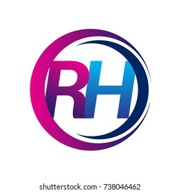 initial letter logo RH company name blue and magenta color on circle and swoosh design. vector logotype for business and company identity.
