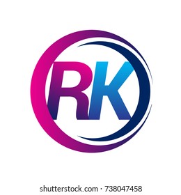 initial letter logo RK company name blue and magenta color on circle and swoosh design. vector logotype for business and company identity.