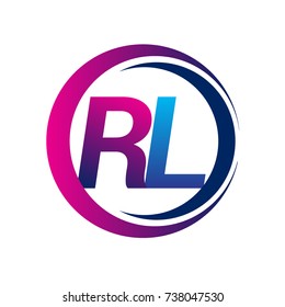 initial letter logo RL company name blue and magenta color on circle and swoosh design. vector logotype for business and company identity.