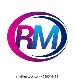 initial letter logo RM company name blue and magenta color on circle and swoosh design. vector logotype for business and company identity.
