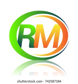 initial letter logo RM company name green and orange color on circle and swoosh design. vector logotype for business and company identity.