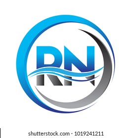 initial letter logo RN company name blue and grey color on circle and swoosh design. vector logotype for business and company identity.