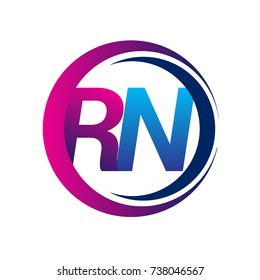 initial letter logo RN company name blue and magenta color on circle and swoosh design. vector logotype for business and company identity.