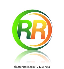 initial letter logo RR company name green and orange color on circle and swoosh design. vector logotype for business and company identity.