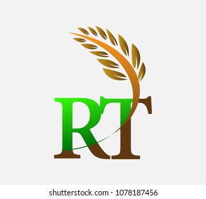 initial letter logo RT, Agriculture wheat Logo Template vector icon design colored green and brown.