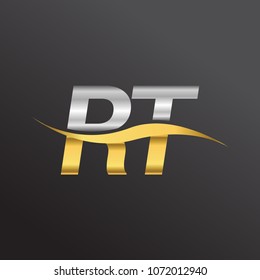 initial letter logo RT company name gold and silver color swoosh design. vector logotype for business and company identity.