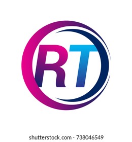 initial letter logo RT company name blue and magenta color on circle and swoosh design. vector logotype for business and company identity.