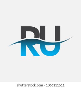 Initial letter logo RU company name blue and black color swoosh design. vector logotype for business and company identity.