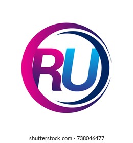initial letter logo RU company name blue and magenta color on circle and swoosh design. vector logotype for business and company identity.