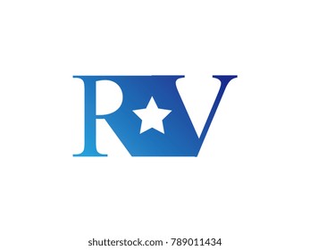 Initial letter logo RV uppercase blue template with star