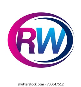 initial letter logo RW company name blue and magenta color on circle and swoosh design. vector logotype for business and company identity
