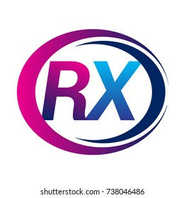 initial letter logo RX company name blue and magenta color on circle and swoosh design. vector logotype for business and company identity.