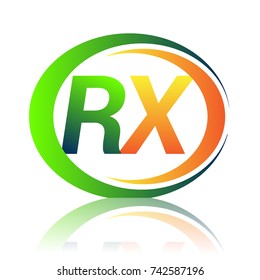 initial letter logo RX company name green and orange color on circle and swoosh design. vector logotype for business and company identity.