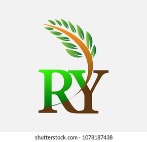 initial letter logo RY, Agriculture wheat Logo Template vector icon design colored green and brown.