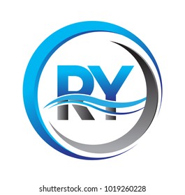 initial letter logo RY company name blue and grey color on circle and swoosh design. vector logotype for business and company identity.