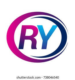 initial letter logo RY company name blue and magenta color on circle and swoosh design. vector logotype for business and company identity.