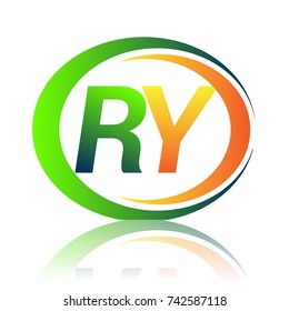 initial letter logo RY company name green and orange color on circle and swoosh design. vector logotype for business and company identity.