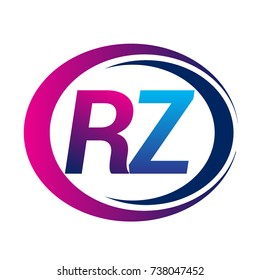 initial letter logo RZ company name blue and magenta color on circle and swoosh design. vector logotype for business and company identity.