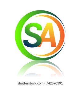 initial letter logo SA company name green and orange color on circle and swoosh design. vector logotype for business and company identity.