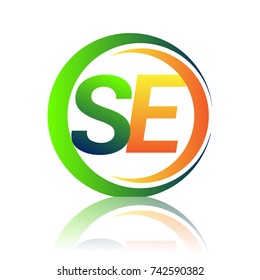 initial letter logo SE company name green and orange color on circle and swoosh design. vector logotype for business and company identity.