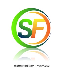 initial letter logo SF company name green and orange color on circle and swoosh design. vector logotype for business and company identity.