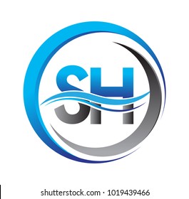 initial letter logo SH company name blue and grey color on circle and swoosh design. vector logotype for business and company identity.