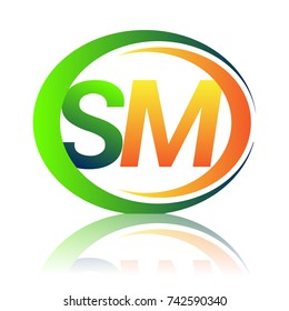 initial letter logo SM company name green and orange color on circle and swoosh design. vector logotype for business and company identity.