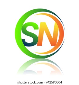 initial letter logo SN company name green and orange color on circle and swoosh design. vector logotype for business and company identity.