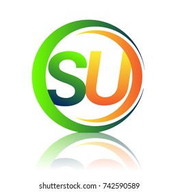 initial letter logo SU company name green and orange color on circle and swoosh design. vector logotype for business and company identity.