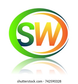 initial letter logo SW company name green and orange color on circle and swoosh design. vector logotype for business and company identity.