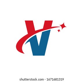 Initialbuchstaben Logo Swoosh Star Red Blue V