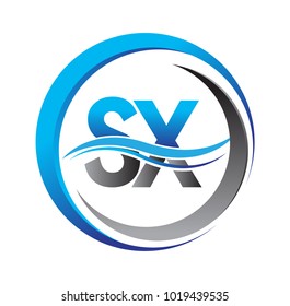 initial letter logo SX company name blue and grey color on circle and swoosh design. vector logotype for business and company identity.