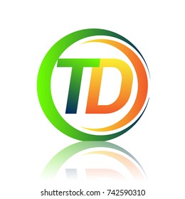 initial letter logo TD company name green and orange color on circle and swoosh design. vector logotype for business and company identity.