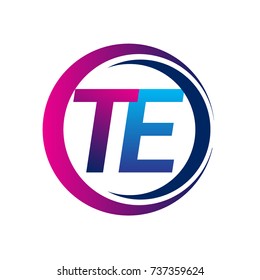 initial letter logo TE company name blue and magenta color on circle and swoosh design. vector logotype for business and company identity.