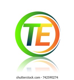 initial letter logo TE company name green and orange color on circle and swoosh design. vector logotype for business and company identity.