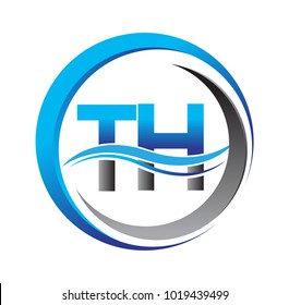 initial letter logo TH company name blue and grey color on circle and swoosh design. vector logotype for business and company identity.