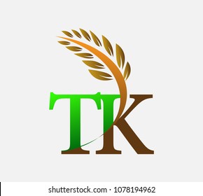 initial letter logo TK, Agriculture wheat Logo Template vector icon design colored green and brown.