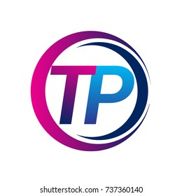initial letter logo TP company name blue and magenta color on circle and swoosh design. vector logotype for business and company identity.