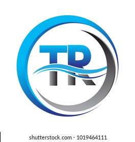 initial letter logo TR company name blue and grey color on circle and swoosh design. vector logotype for business and company identity.