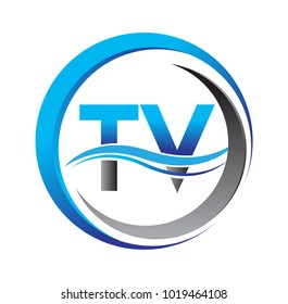 initial letter logo TV company name blue and grey color on circle and swoosh design. vector logotype for business and company identity.