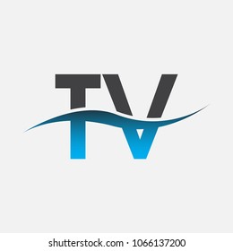 Initial letter logo TV company name blue and black color swoosh design. vector logotype for business and company identity.