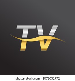 initial letter logo TV company name gold and silver color swoosh design. vector logotype for business and company identity.
