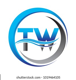 initial letter logo TW company name blue and grey color on circle and swoosh design. vector logotype for business and company identity.