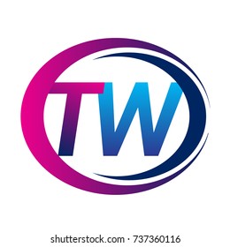 initial letter logo TW company name blue and magenta color on circle and swoosh design. vector logotype for business and company identity.