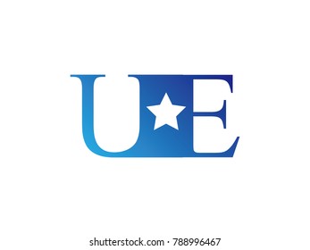 Initial letter logo UE uppercase blue template with star