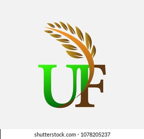 initial letter logo UF, Agriculture wheat Logo Template vector icon design colored green and brown.